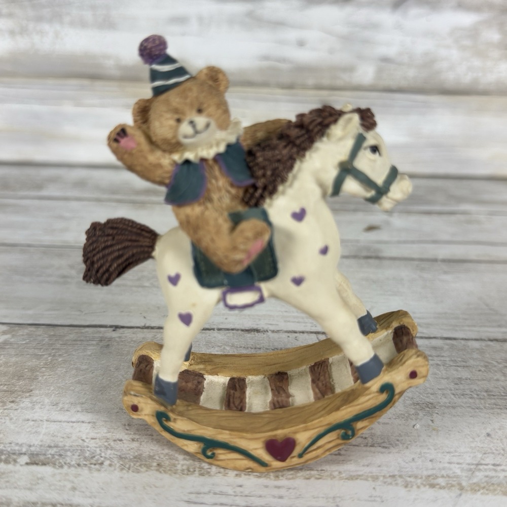 Vintage 90s Figurine, Rocking Horse with Teddy Bear, Hearts,‎ Purple, Green